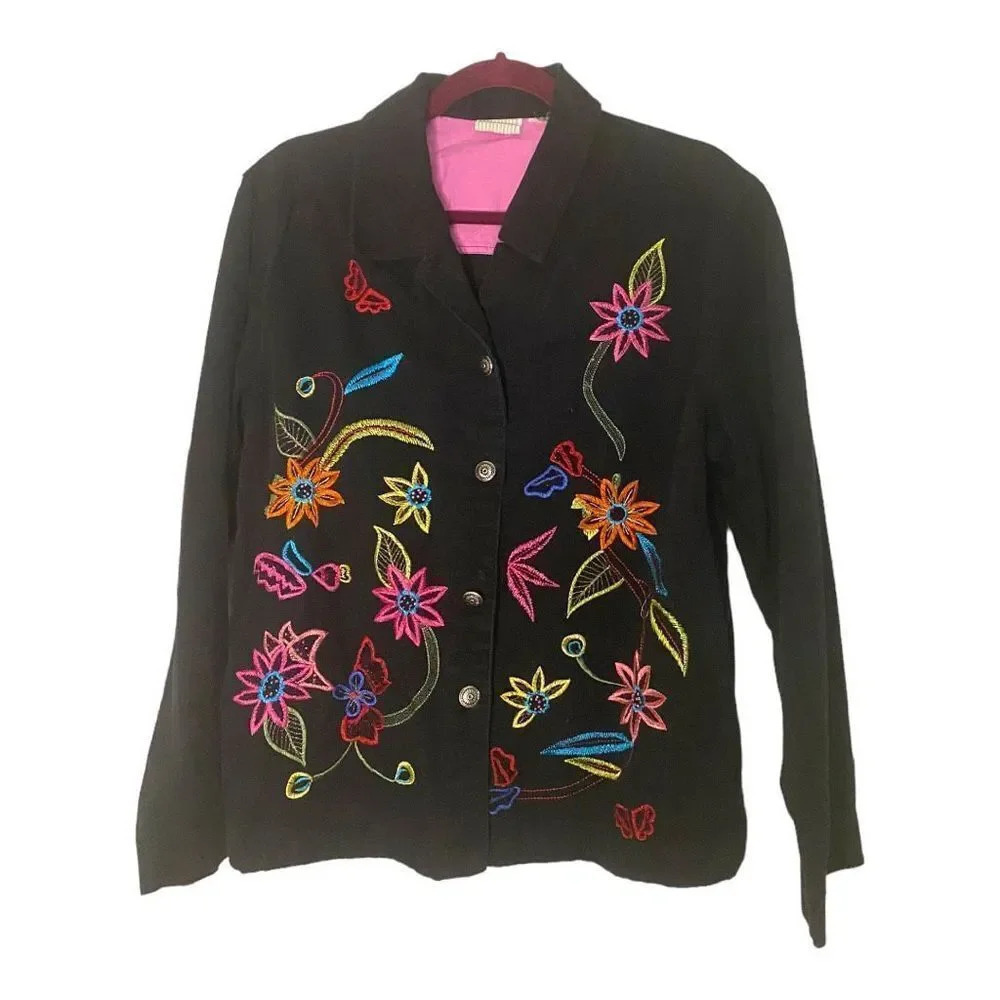 Vintage White Stag Floral Embroidered Black Denim Jacket